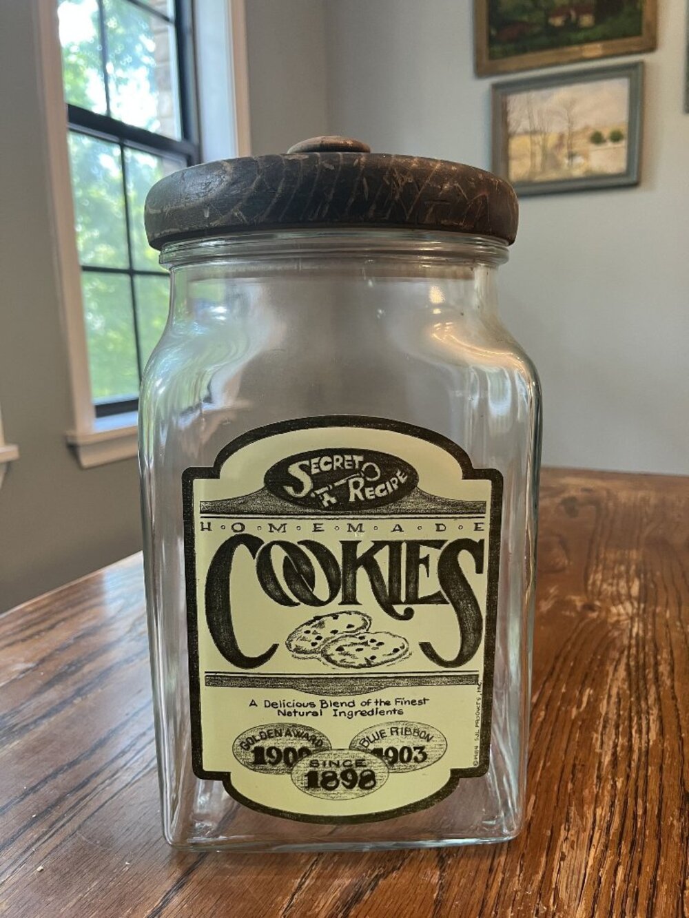Vintage Glass Cookie Jar Rustic Counter Display 1984 SJL Products Wooden Lid